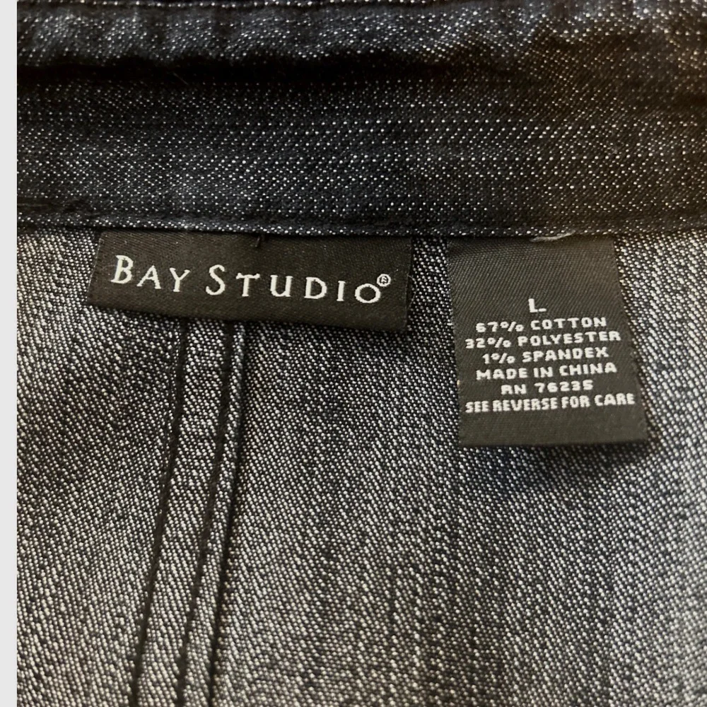 Bay Studio Dark Wash Denim Jacket Soutache Embroidery Beaded Trim Buttons Sz Lg